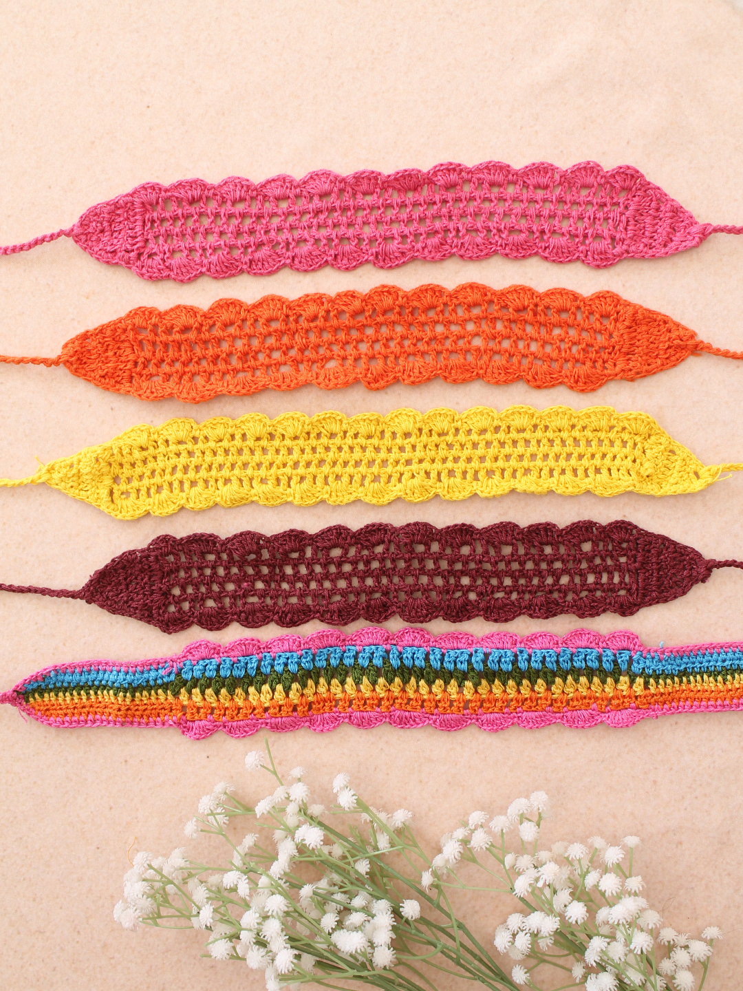 Velvery Hand-Knitted Yellow Crochet Scallop Design Cotton Headbands Pack of 5