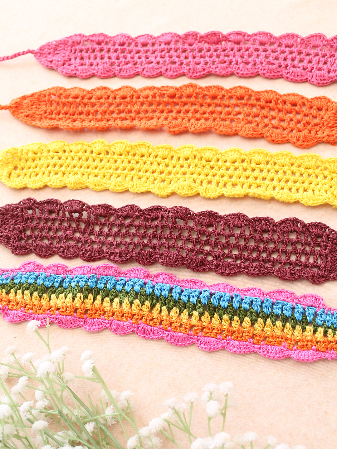 Velvery Hand-Knitted Yellow Crochet Scallop Design Cotton Headbands Pack of 5