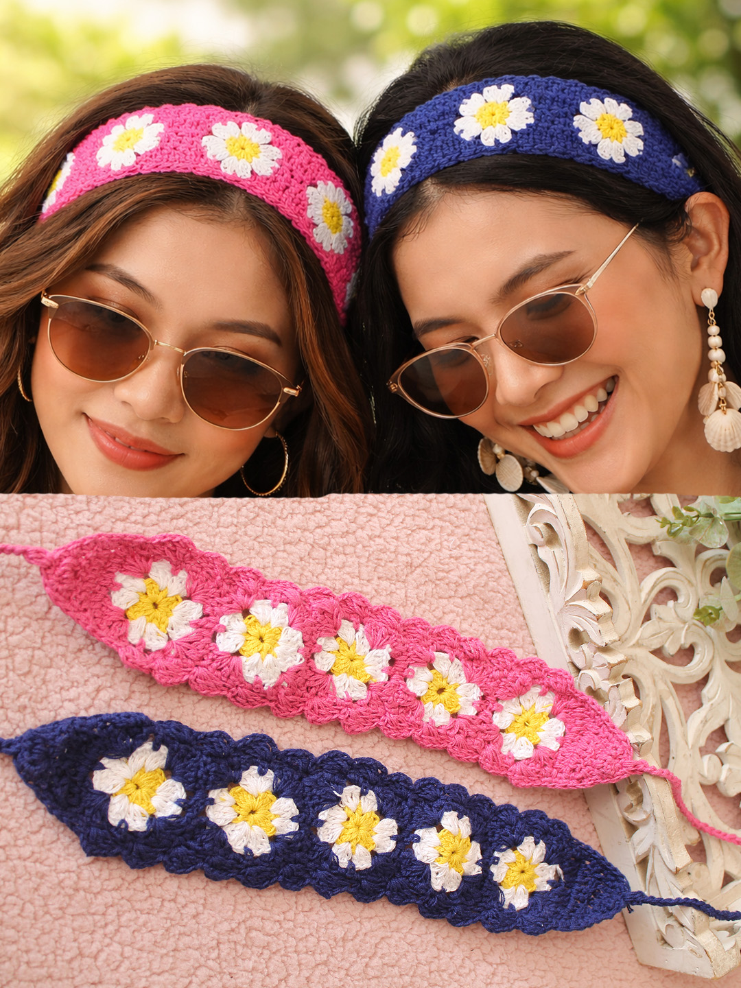 Velvery Floral Designed Crochet Headband (Set of 2) - Multicolor