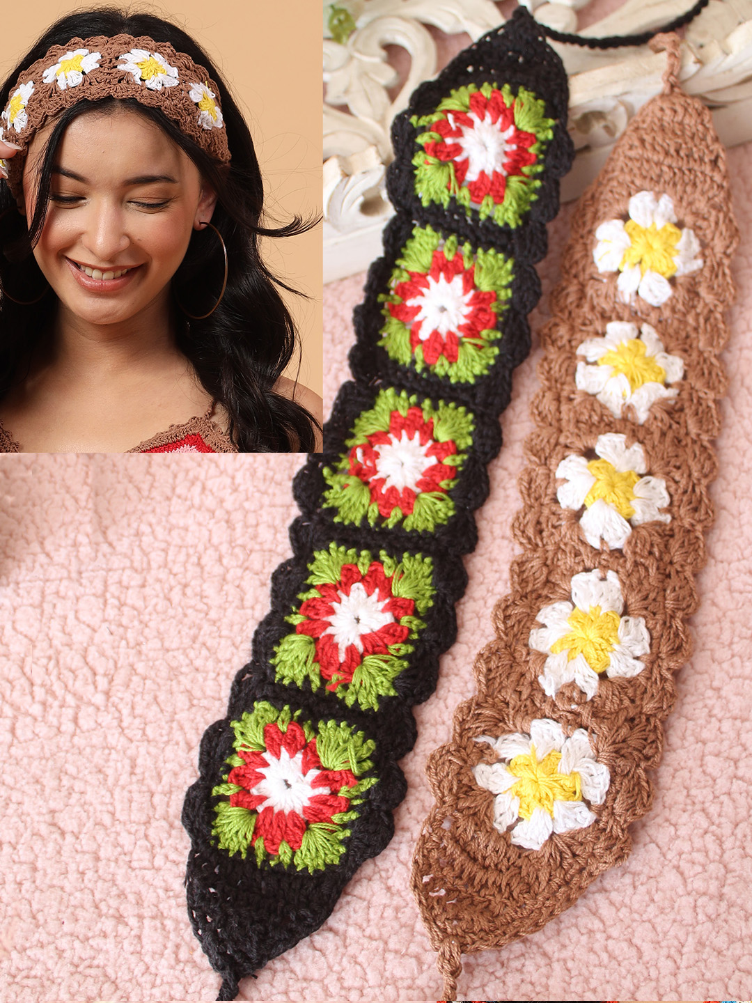 Velvery Floral Designed Crochet Headband (Set of 2) - Multicolor