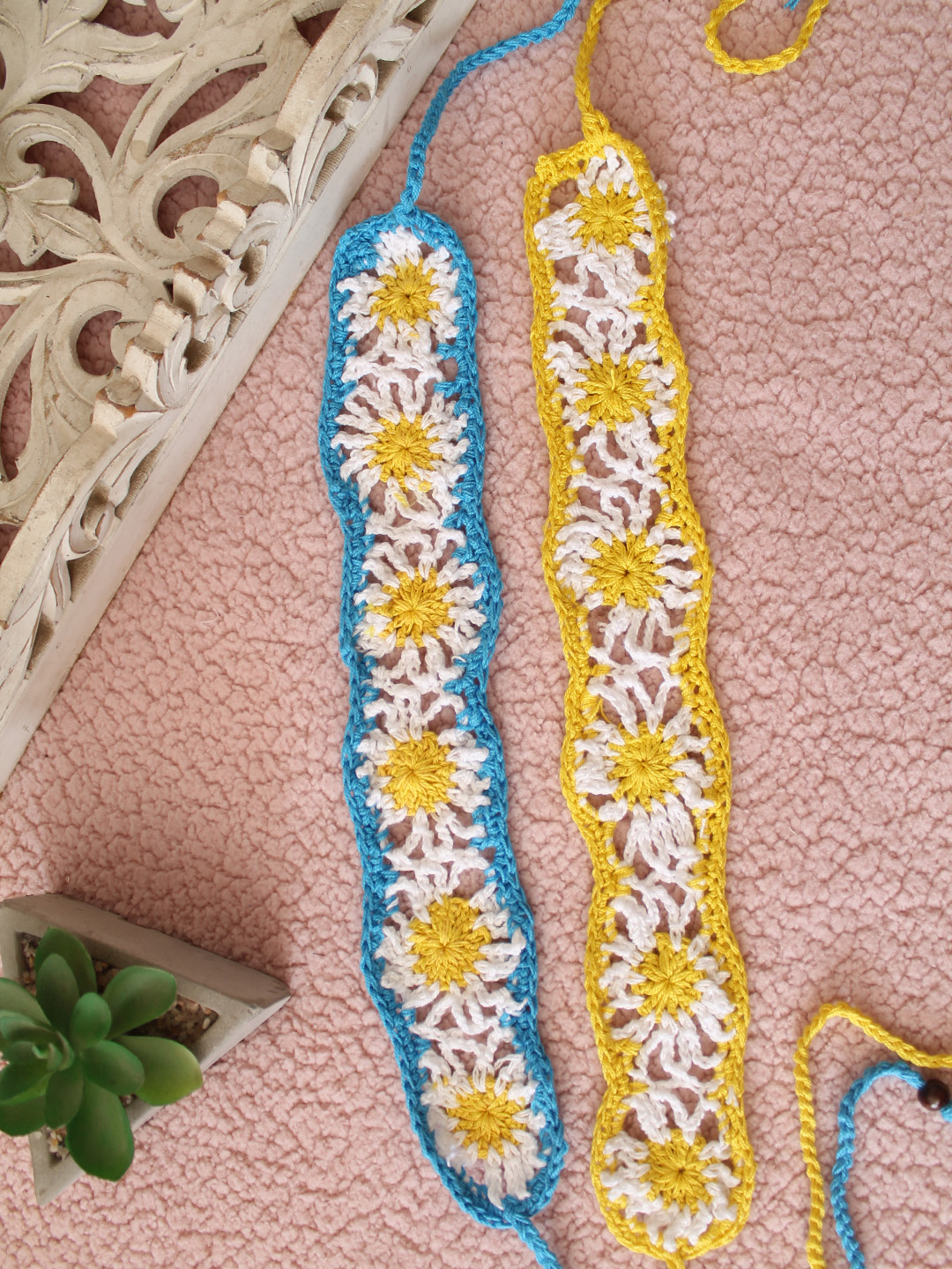 Velvery Daisy Floral Designed Crochet Headband (Set of 2) - Multicolor