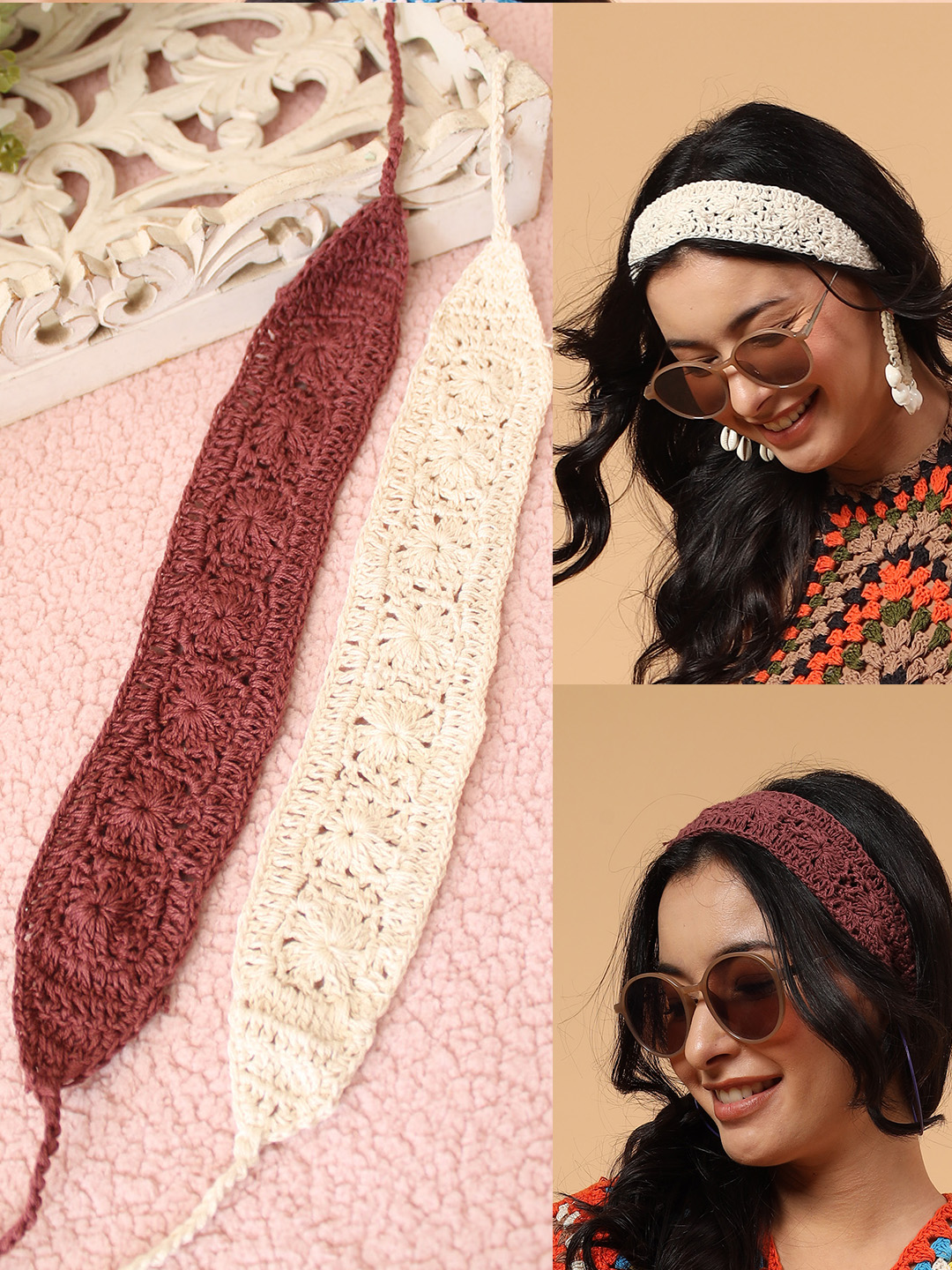 Velvery Self Designed Crochet Headband (Set of 2) - Multicolor