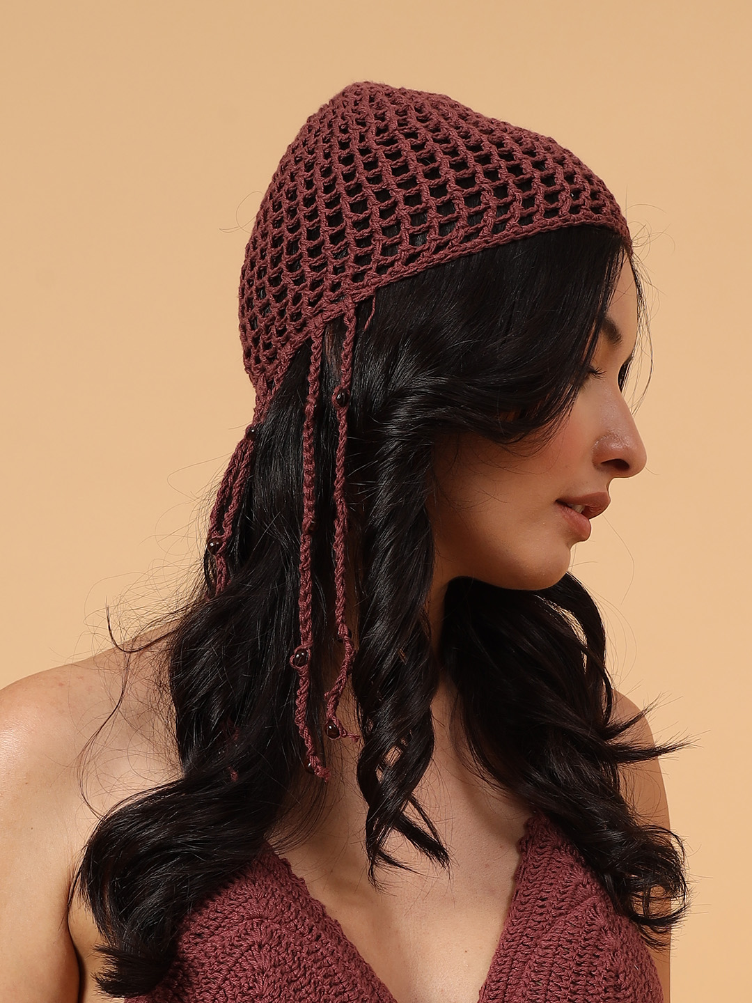 Velvery Crochet Self Design Hairband - Brown