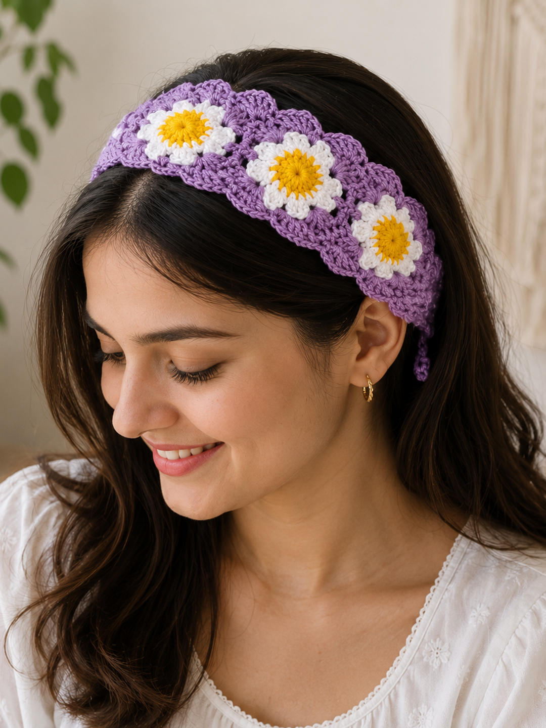 Velvery Crochet Daisy Floral Headband - Purple