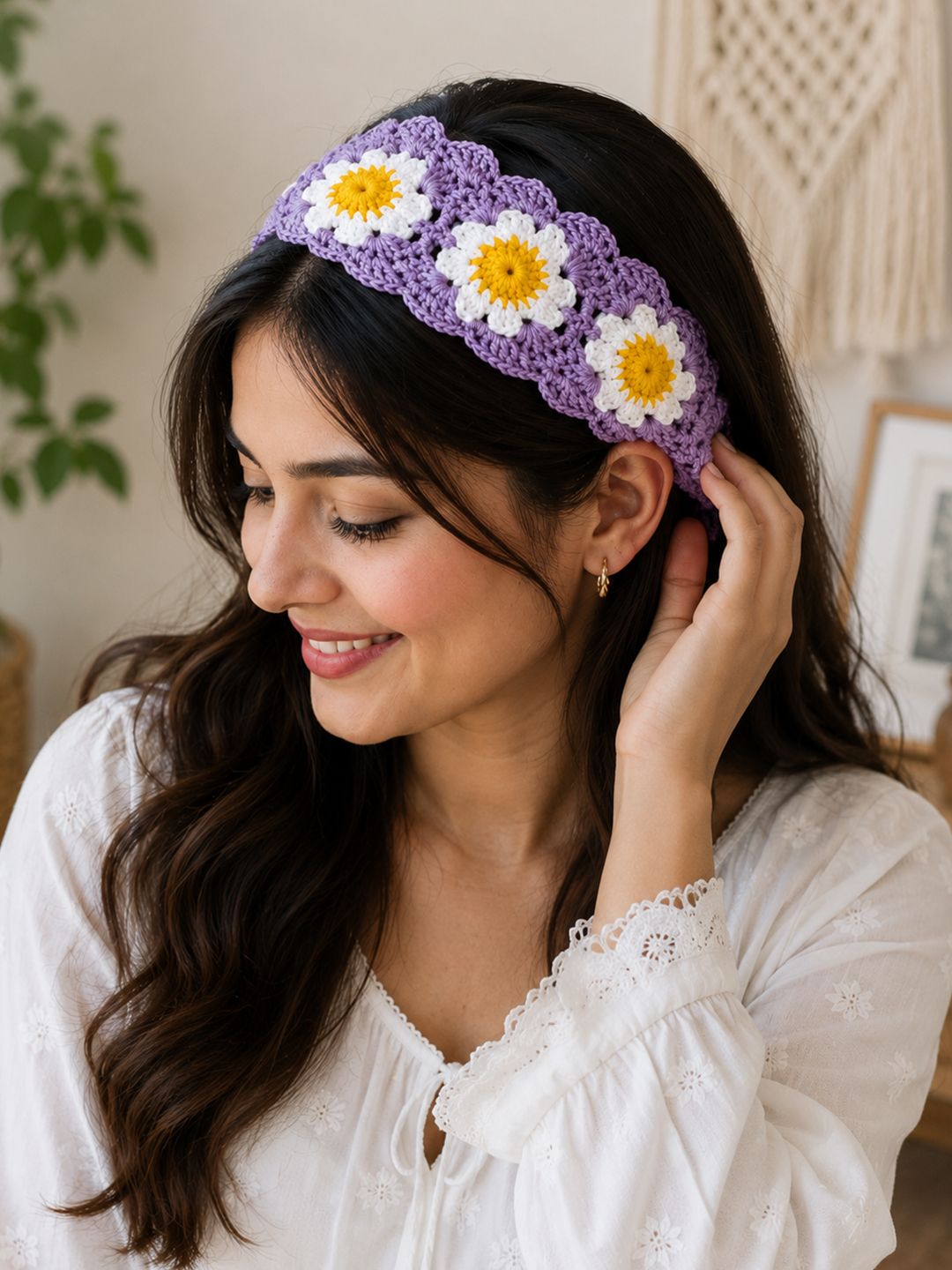 Velvery Crochet Daisy Floral Headband - Purple