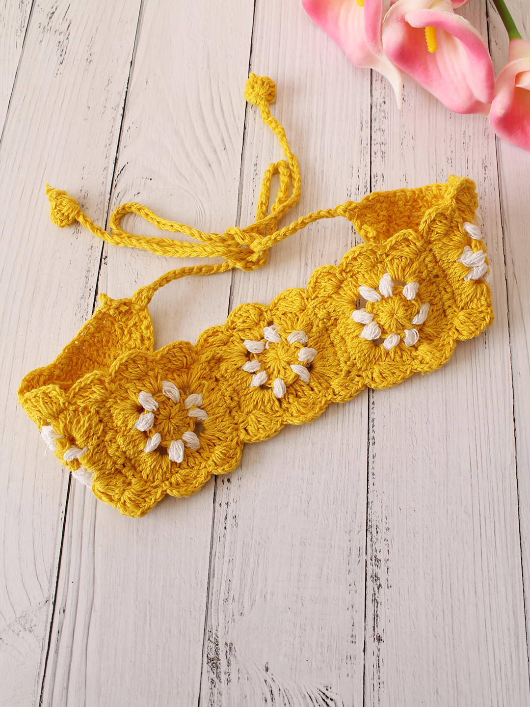 Velvery Hand-Knitted Yellow Granny Square Stitch Cotton Headband