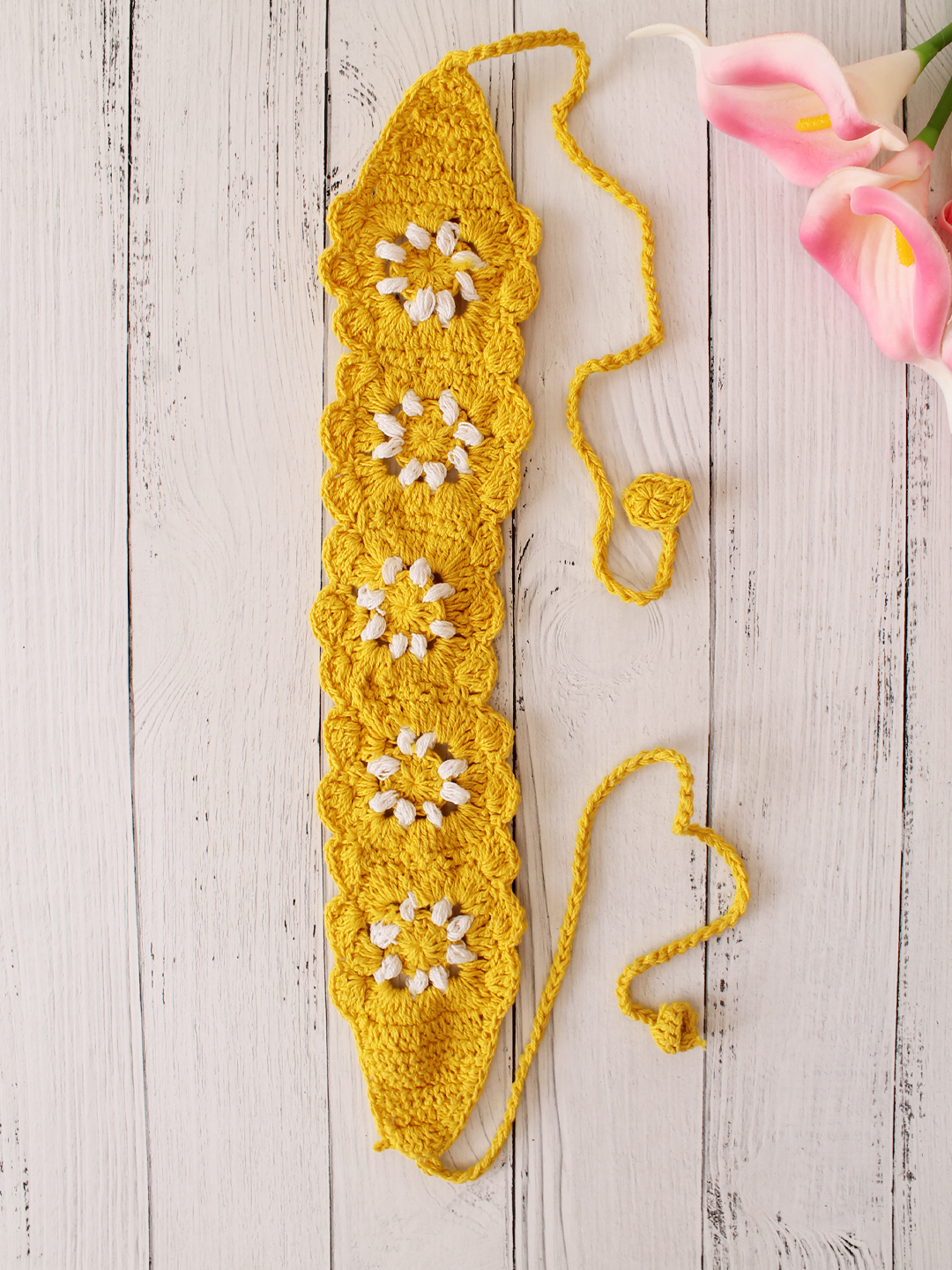 Velvery Hand-Knitted Yellow Granny Square Stitch Cotton Headband