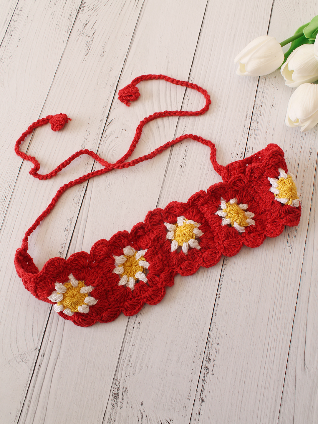 Velvery Hand-Knitted Red Granny Square Stitch Cotton Headband