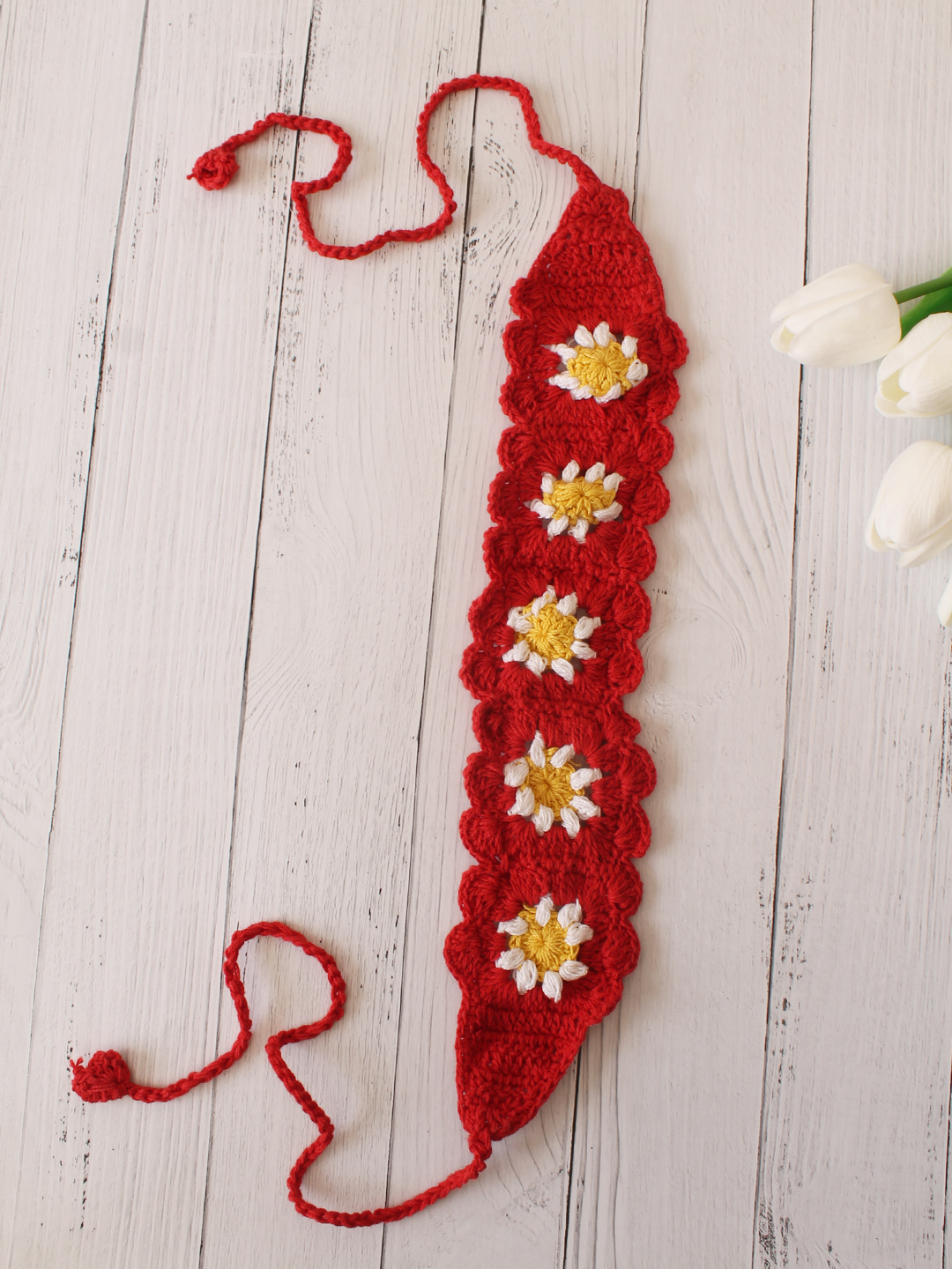 Velvery Hand-Knitted Red Granny Square Stitch Cotton Headband