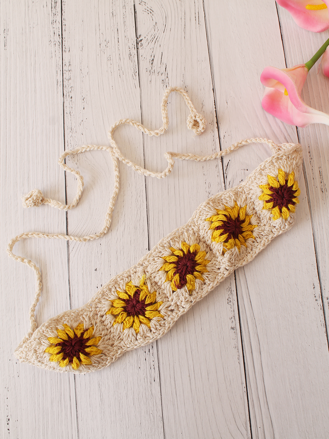 Velvery Hand-Knitted Cream Granny Square Stitch Cotton Headband