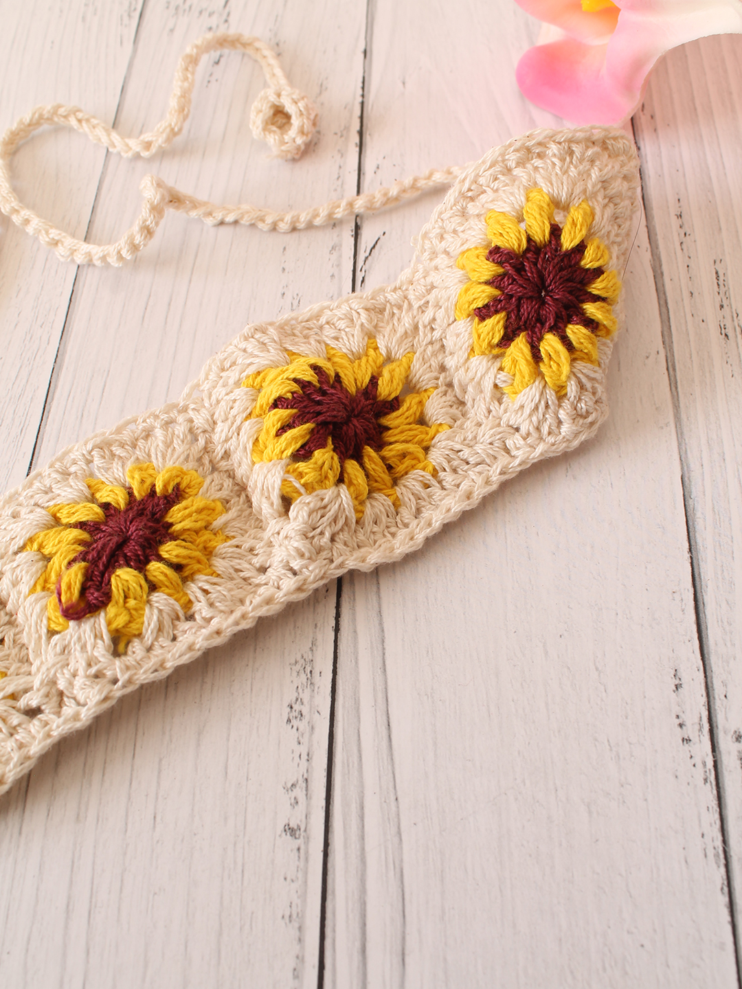 Velvery Hand-Knitted Cream Granny Square Stitch Cotton Headband