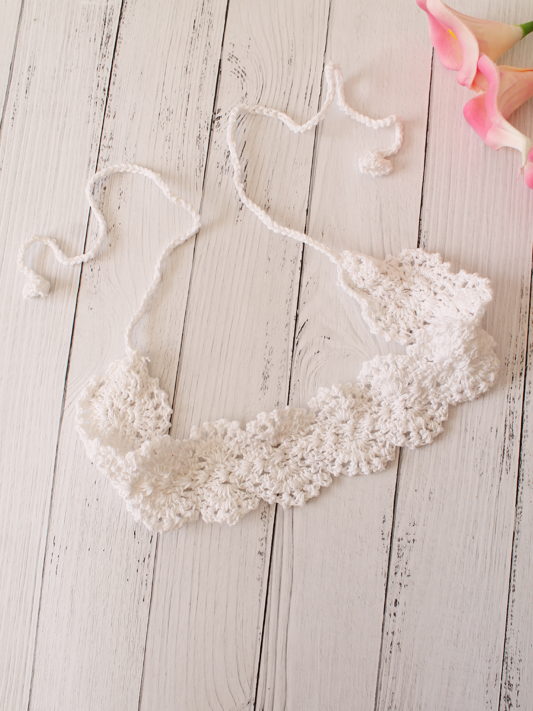 Velvery Hand-Knitted White Crochet Scallop Design Cotton Headband