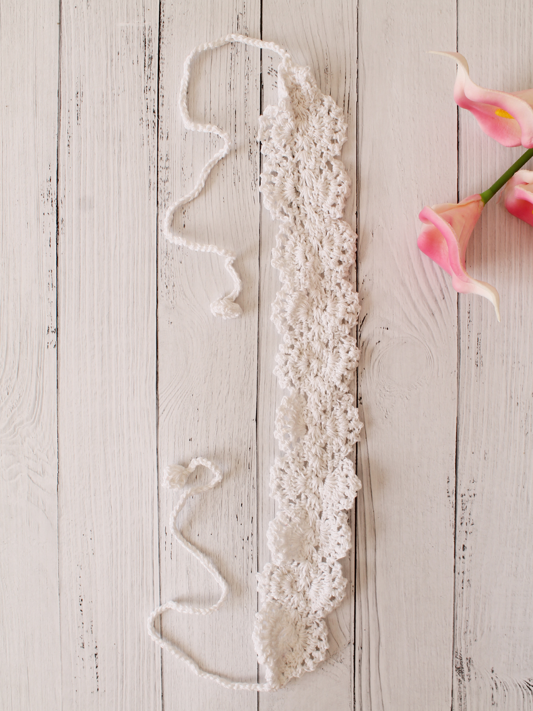 Velvery Hand-Knitted White Crochet Scallop Design Cotton Headband