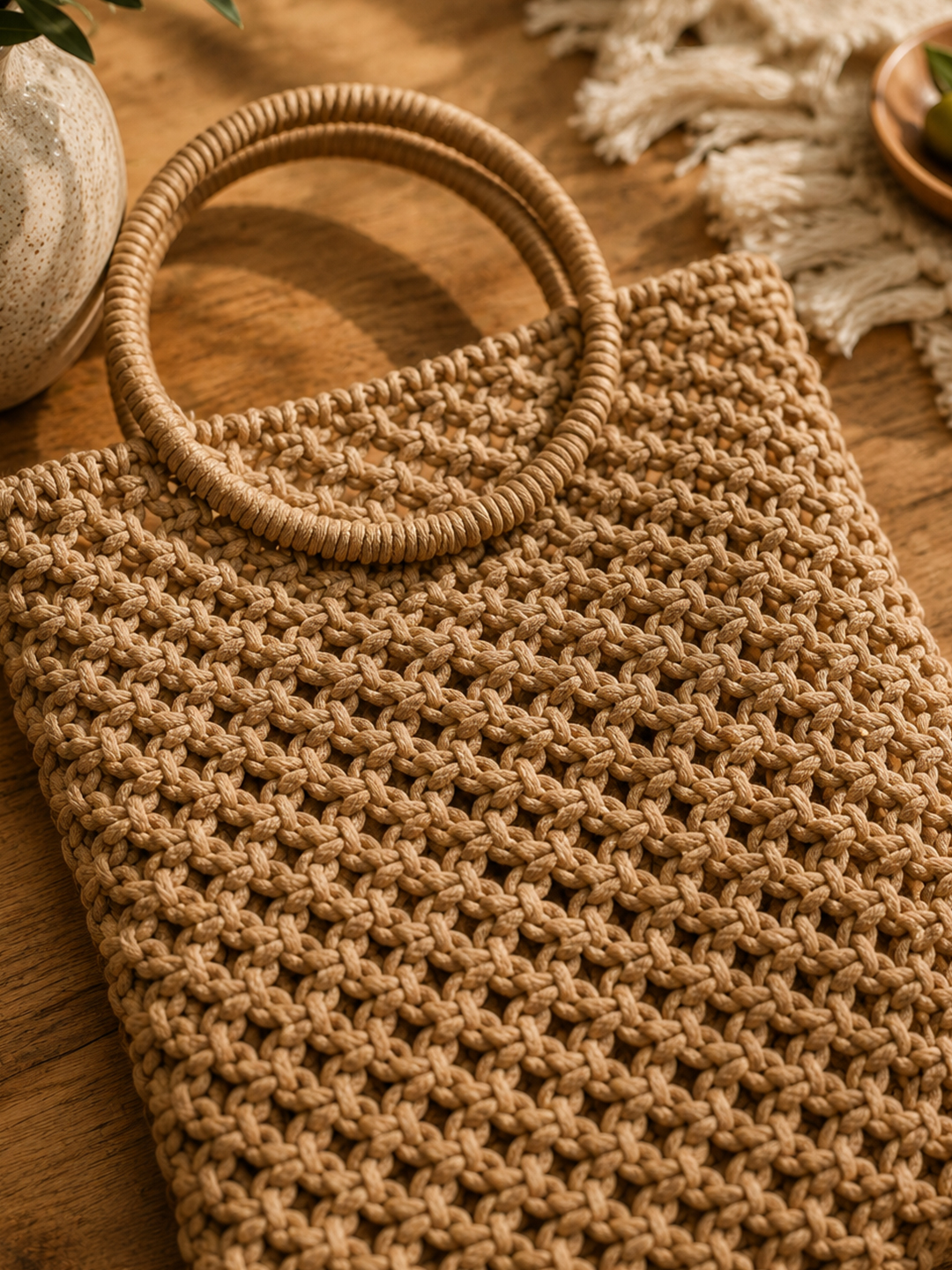 Velvery Womens Handheld Macrame Handbag - Beige