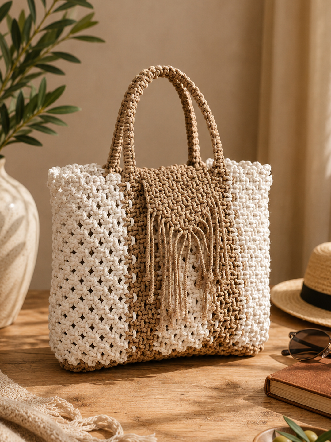 Womens Handcrafted Macrame Handbag - Beige