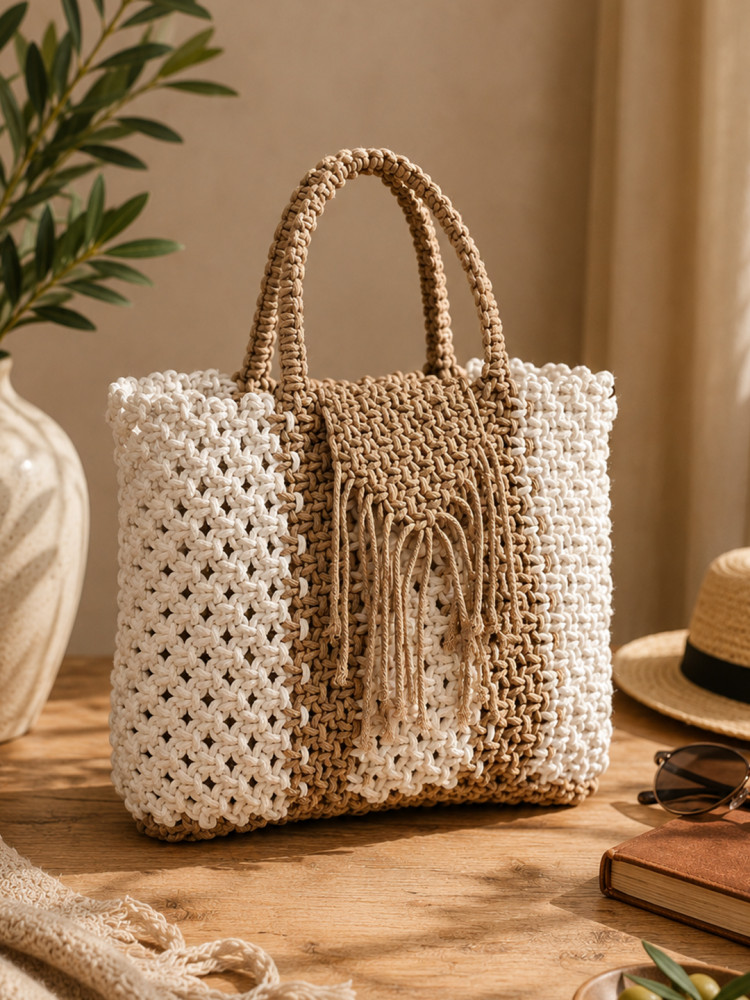 Image of Womens Handcrafted Macrame Handbag - Beige