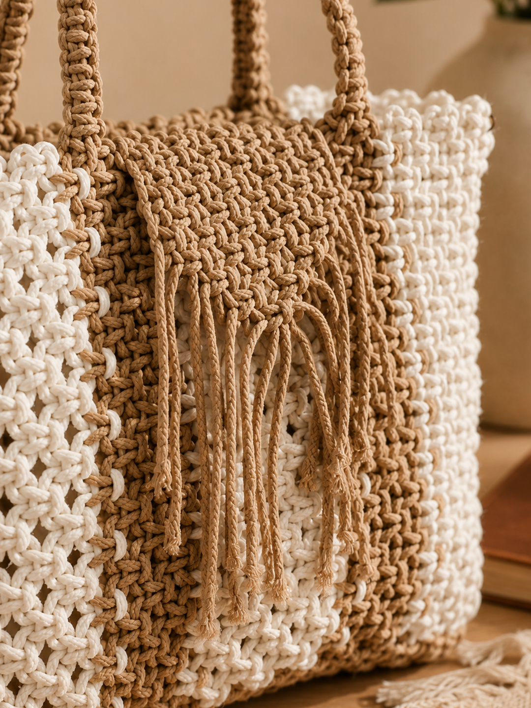 Womens Handcrafted Macrame Handbag - Beige