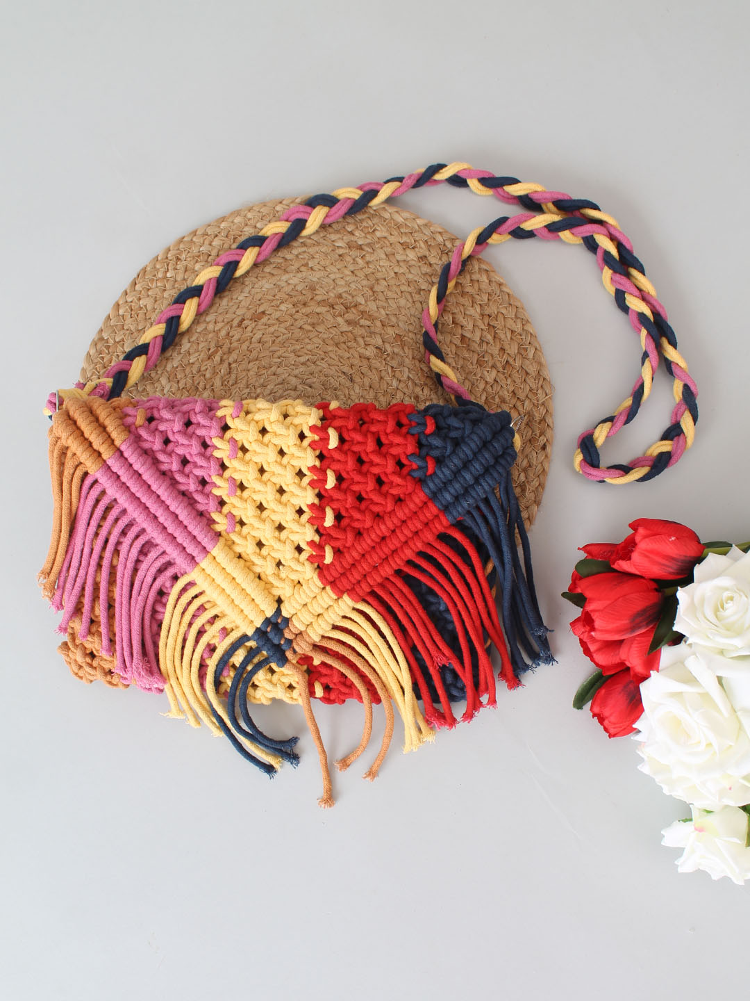 Premium Handmade Macrame Sling In Multicolour Cross Body Handbag - Multicolor