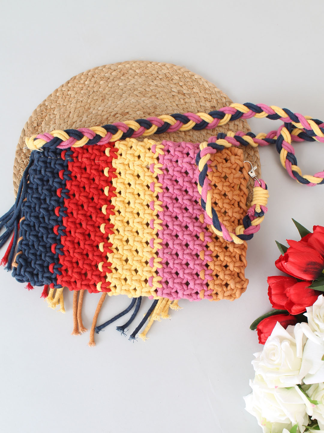 Premium Handmade Macrame Sling In Multicolour Cross Body Handbag - Multicolor