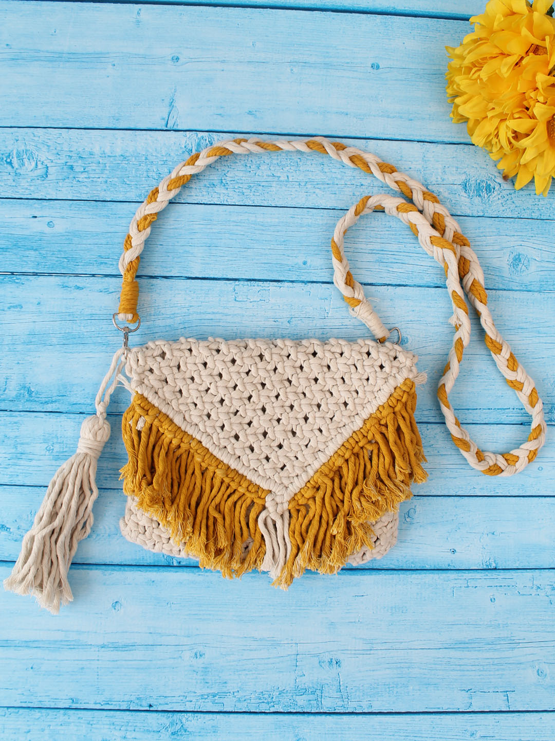 Premium Handmade Macrame Sling In Dual Colour Cross Body Handbag - Off White & Mustard