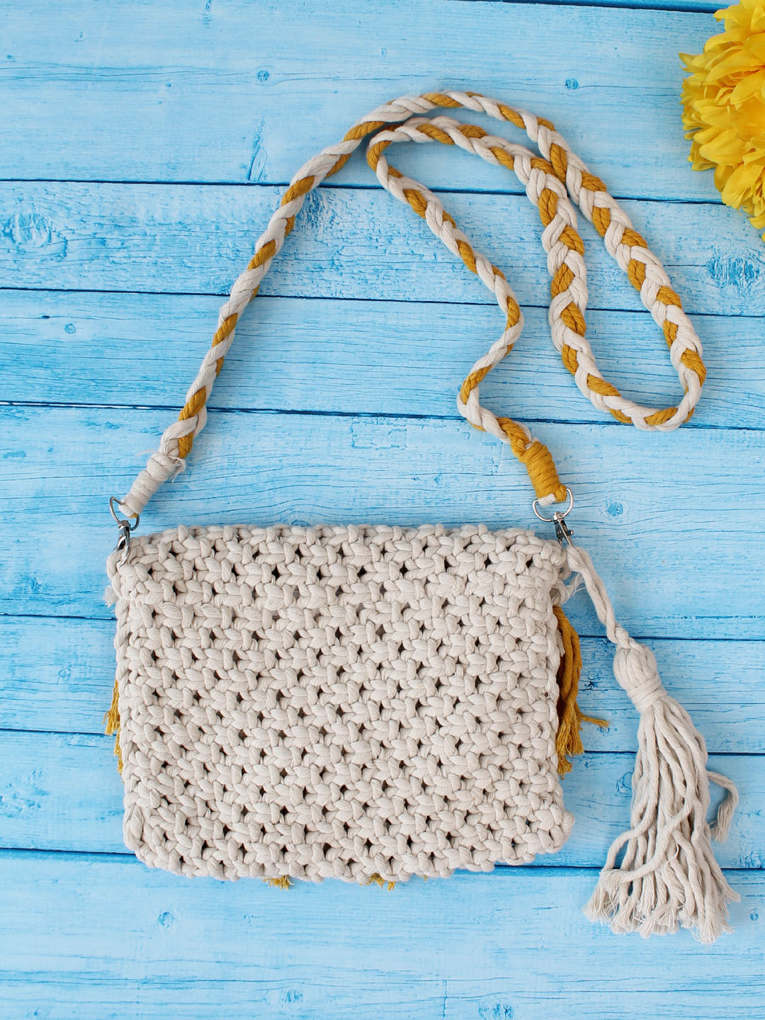 Premium Handmade Macrame Sling In Dual Colour Cross Body Handbag - Off White & Mustard