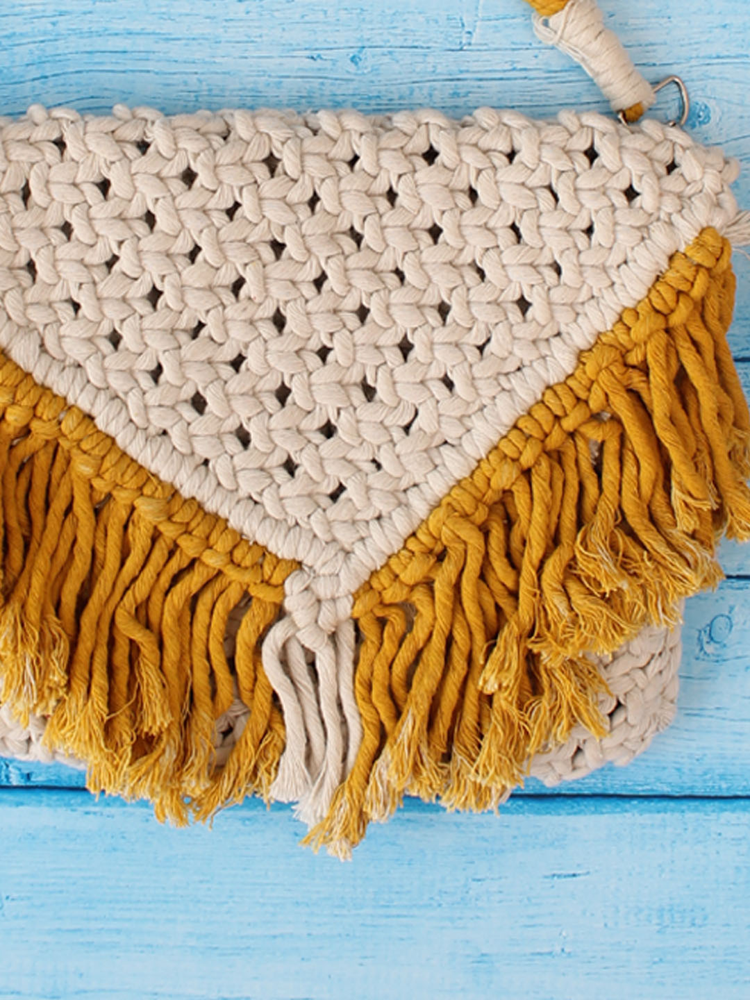 Premium Handmade Macrame Sling In Dual Colour Cross Body Handbag - Off White & Mustard