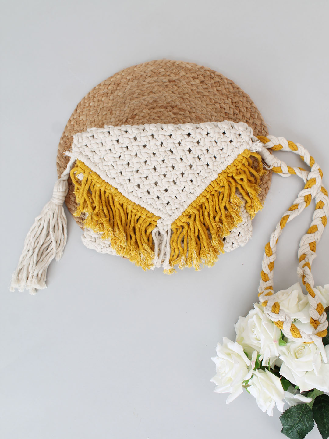 Premium Handmade Macrame Sling In Dual Colour Cross Body Handbag - Off White & Mustard