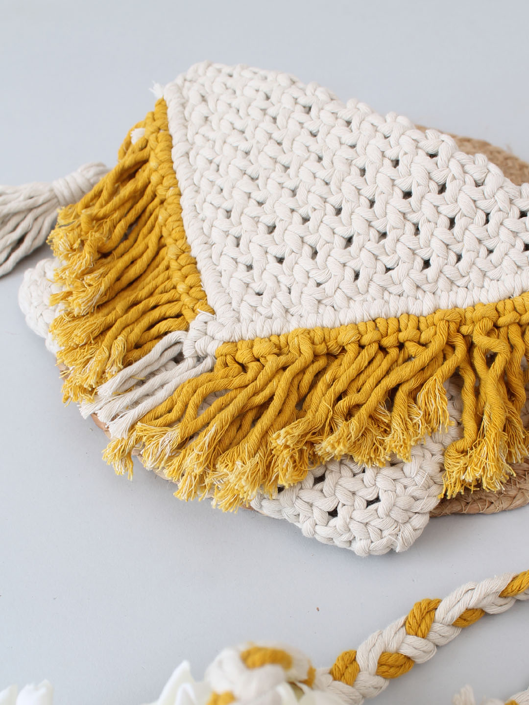 Premium Handmade Macrame Sling In Dual Colour Cross Body Handbag - Off White & Mustard