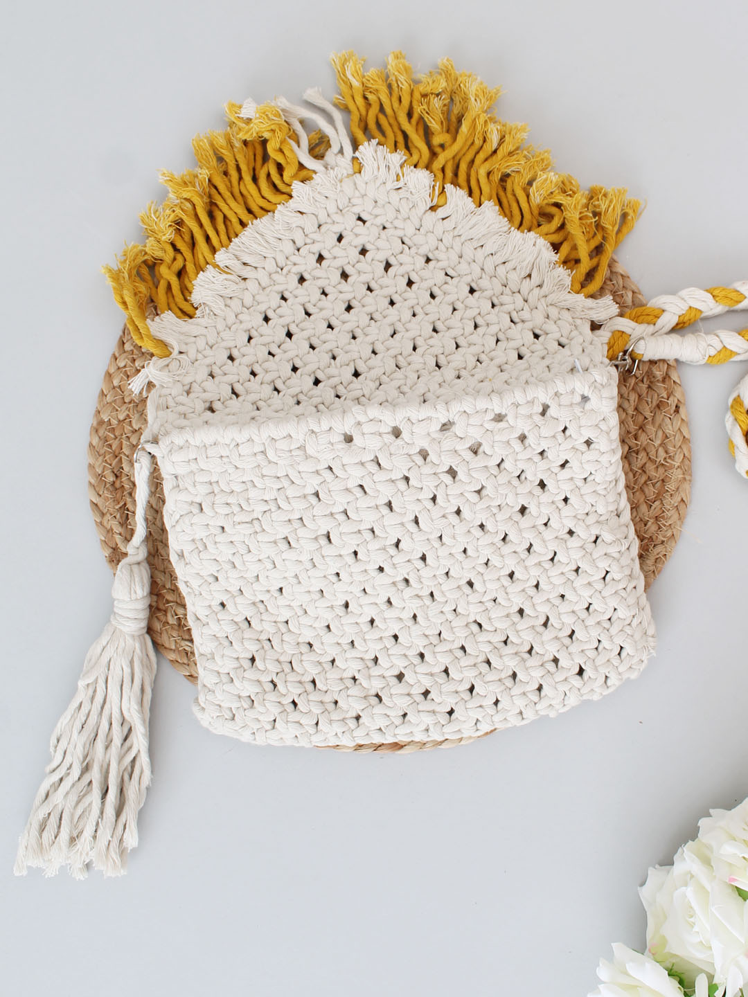 Premium Handmade Macrame Sling In Dual Colour Cross Body Handbag - Off White & Mustard