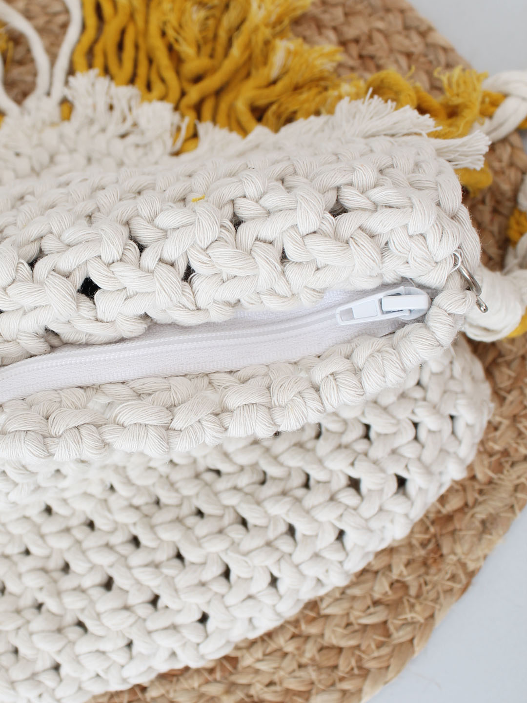 Premium Handmade Macrame Sling In Dual Colour Cross Body Handbag - Off White & Mustard