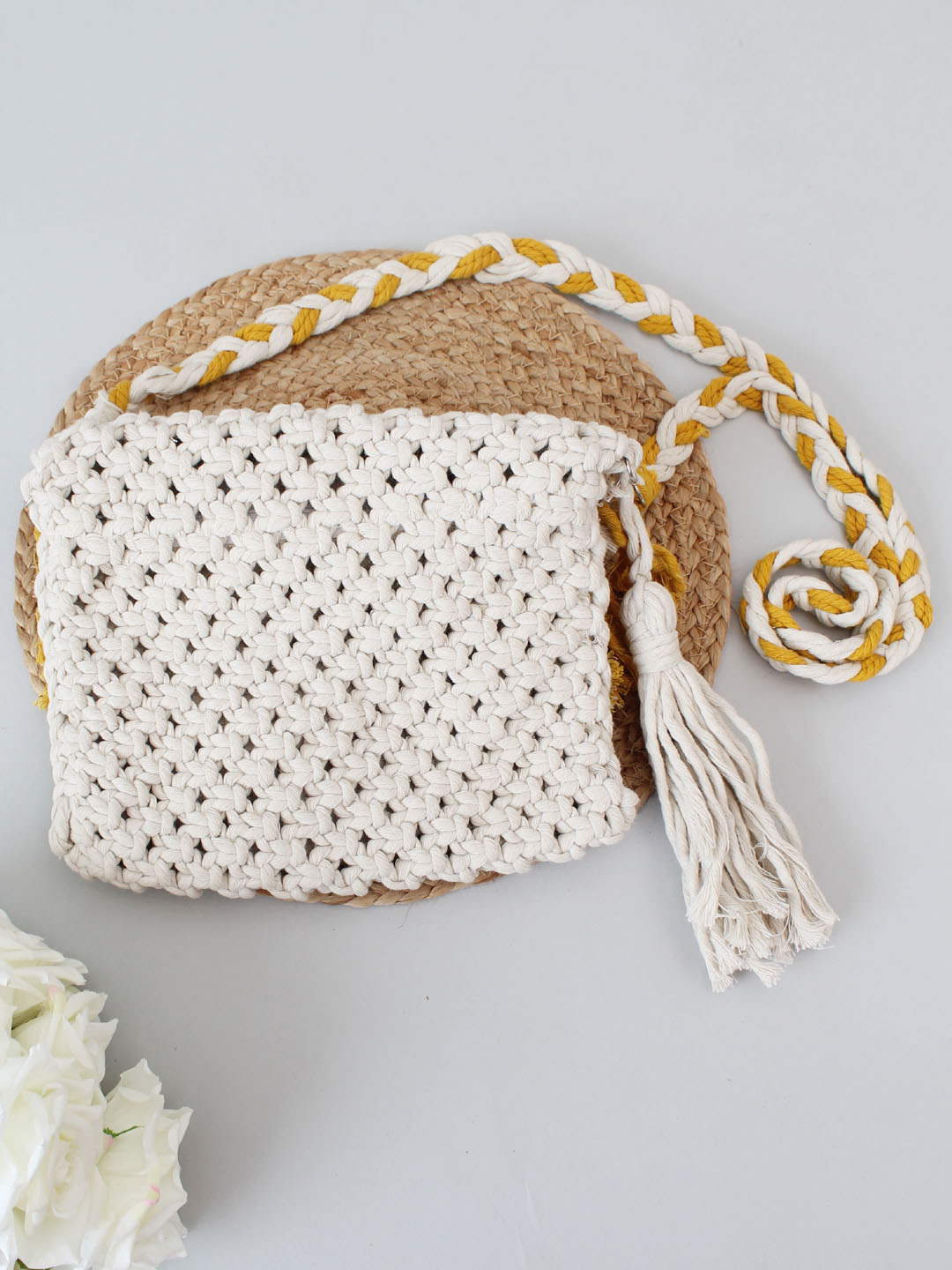 Premium Handmade Macrame Sling In Dual Colour Cross Body Handbag - Off White & Mustard
