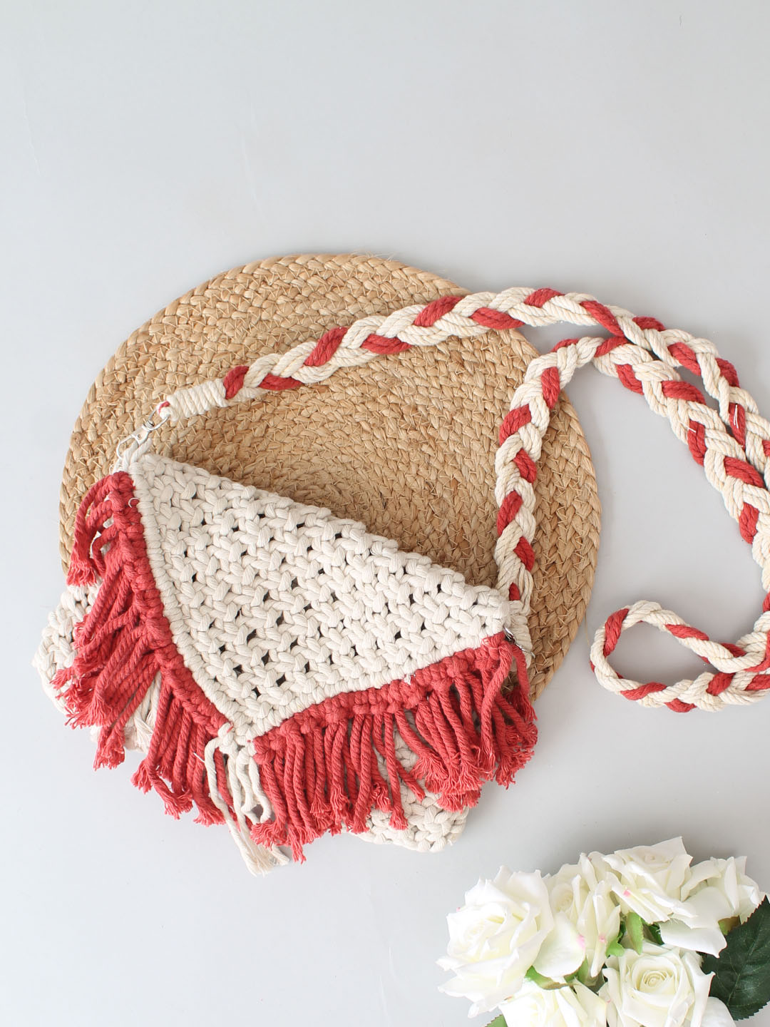 Premium Handmade Macrame Sling In Dual Colour Cross Body Handbag - Off-White & Red