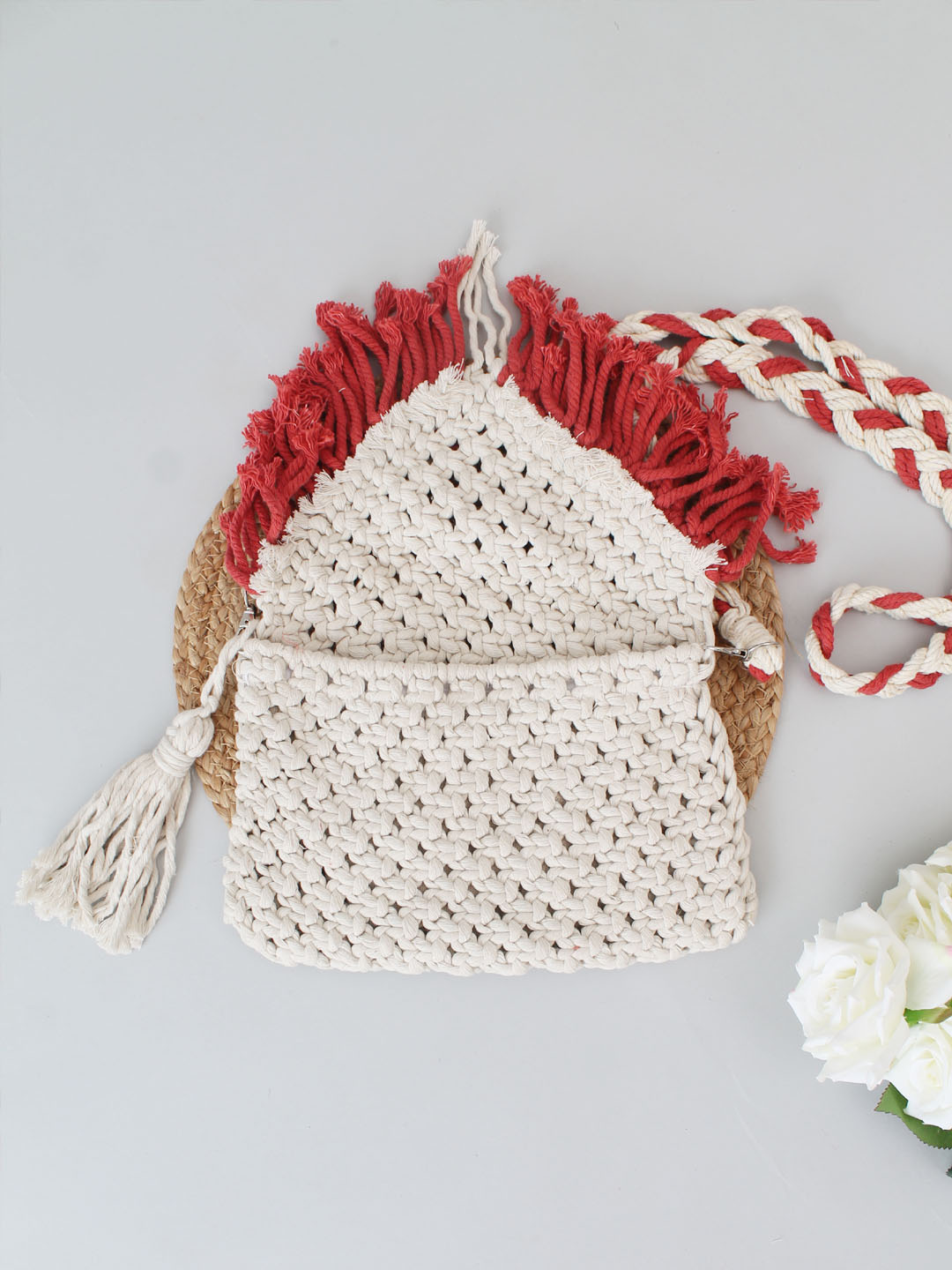 Premium Handmade Macrame Sling In Dual Colour Cross Body Handbag - Off-White & Red