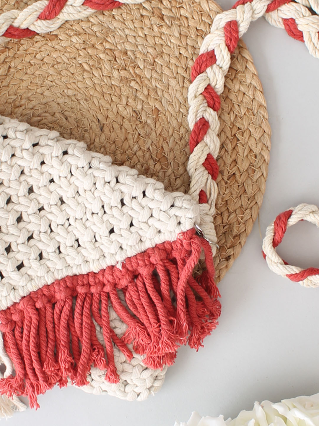 Premium Handmade Macrame Sling In Dual Colour Cross Body Handbag - Off-White & Red