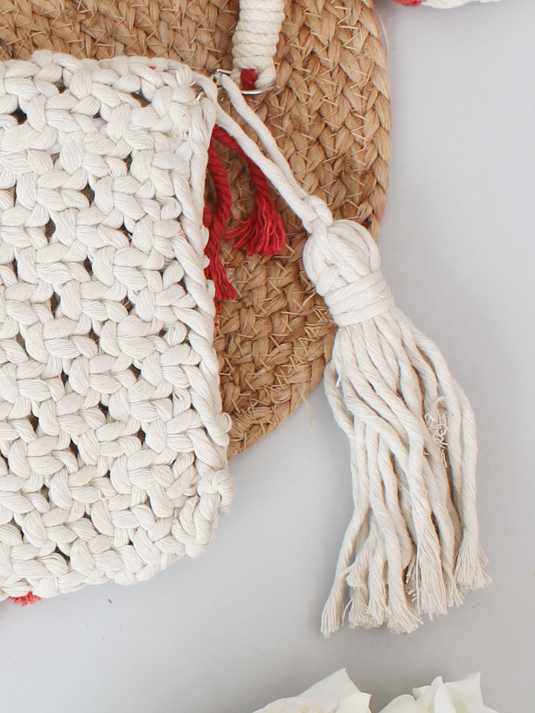 Premium Handmade Macrame Sling In Dual Colour Cross Body Handbag - Off-White & Red