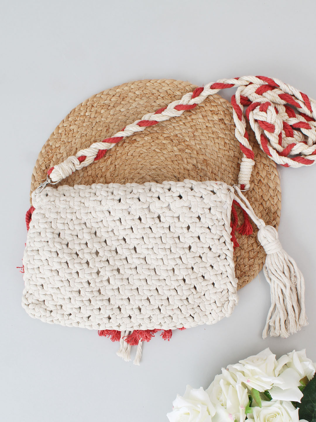 Premium Handmade Macrame Sling In Dual Colour Cross Body Handbag - Off-White & Red