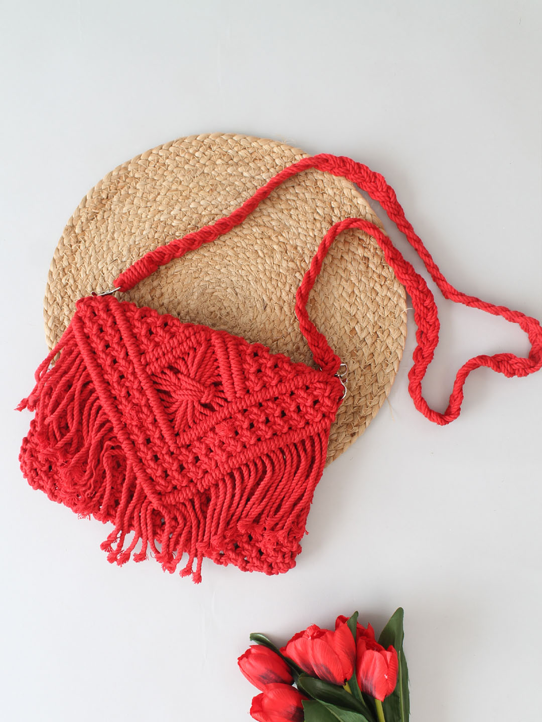 Handmade Macrame Bag With Detachable Sling Strap - Red
