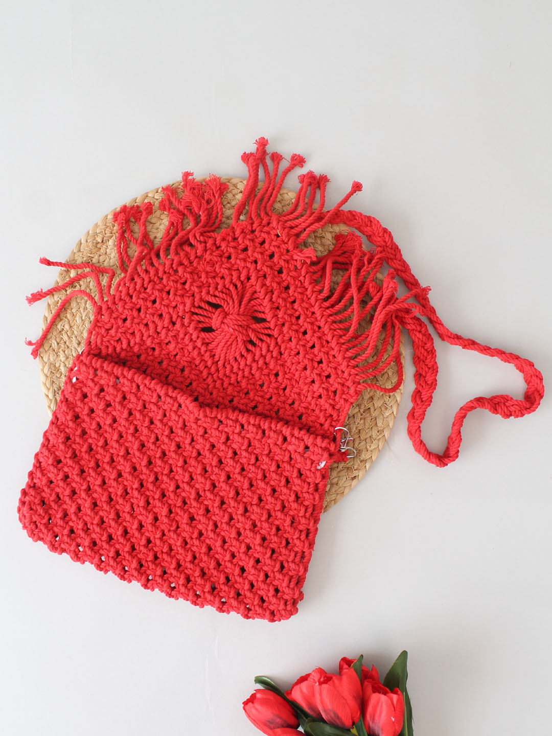 Handmade Macrame Bag With Detachable Sling Strap - Red