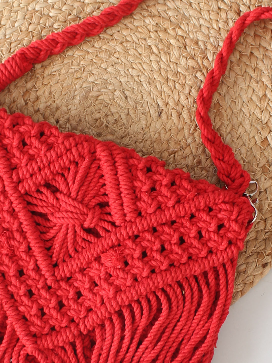 Handmade Macrame Bag With Detachable Sling Strap - Red
