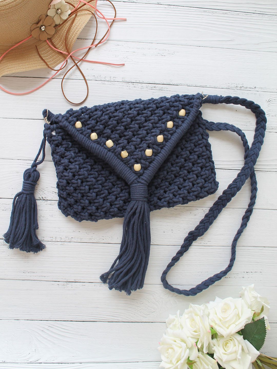 Handmade Knitted Macrame Sling Bag - Blue