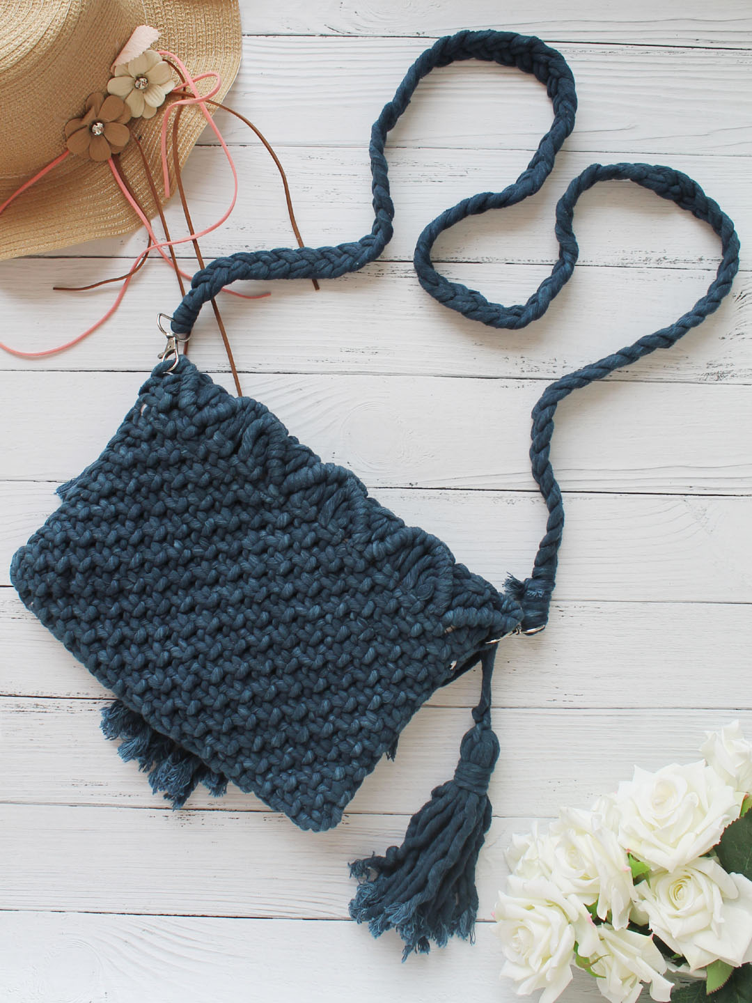 Handmade Knitted Macrame Sling Bag - Blue