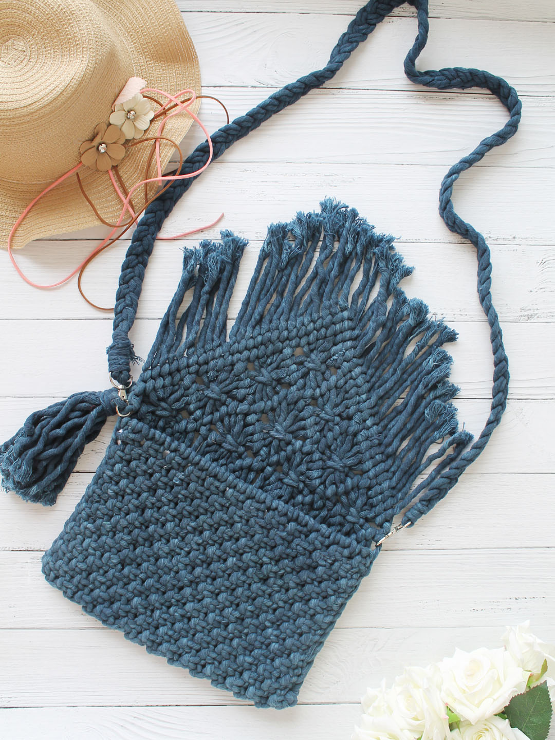 Handmade Knitted Macrame Sling Bag - Blue