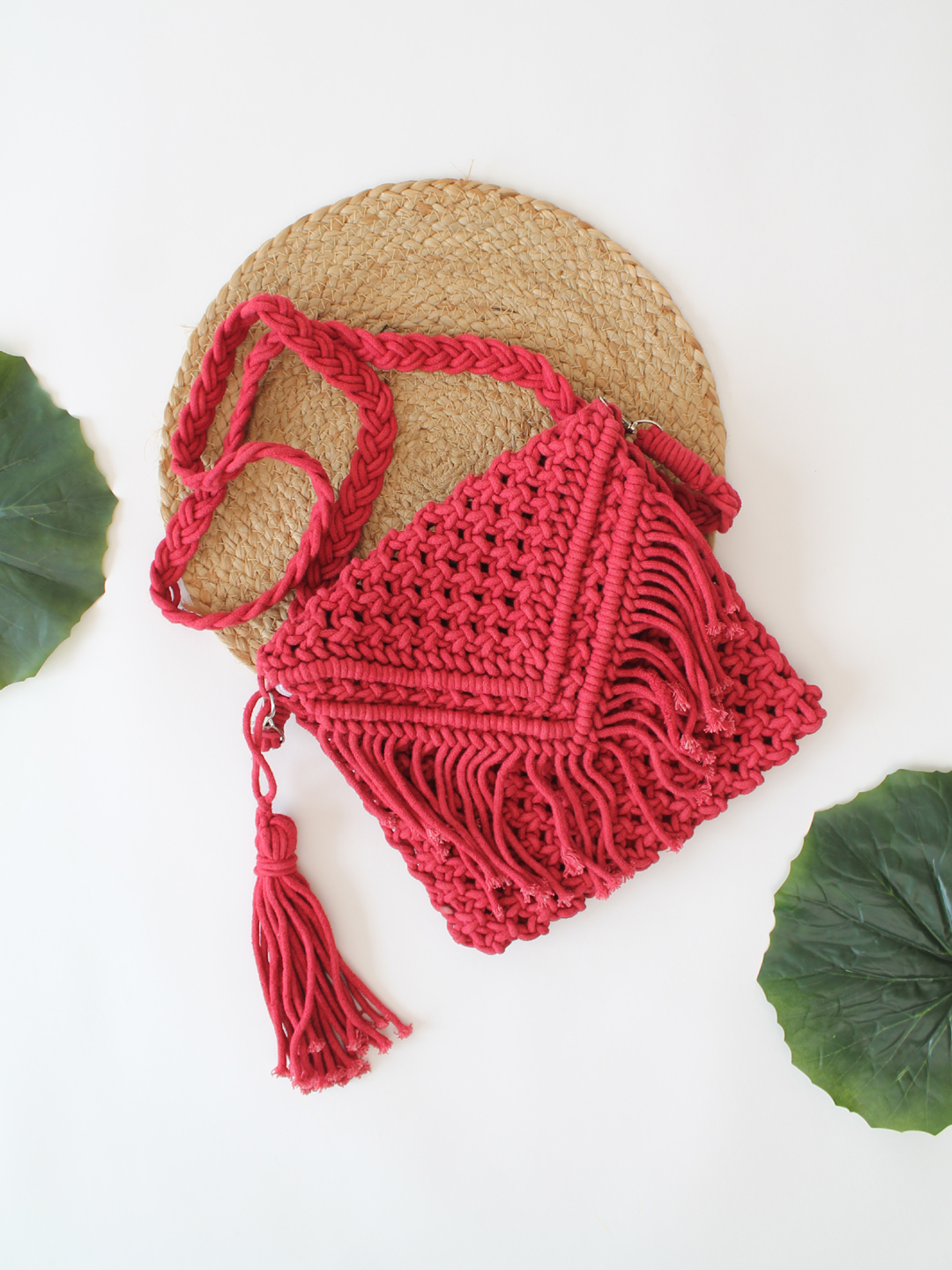 Handmade Macrame Bag With Detachable Sling Strap - Red