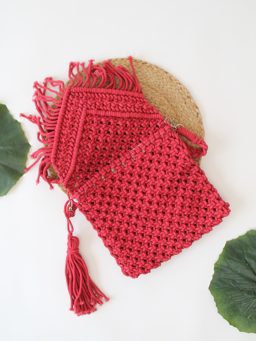 Handmade Macrame Bag With Detachable Sling Strap - Red
