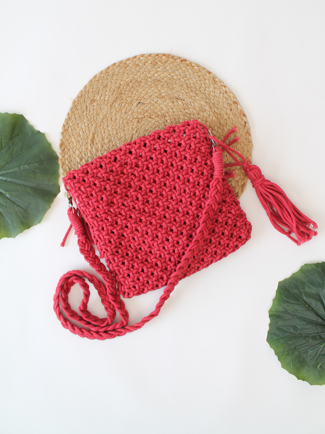 Handmade Macrame Bag With Detachable Sling Strap - Red