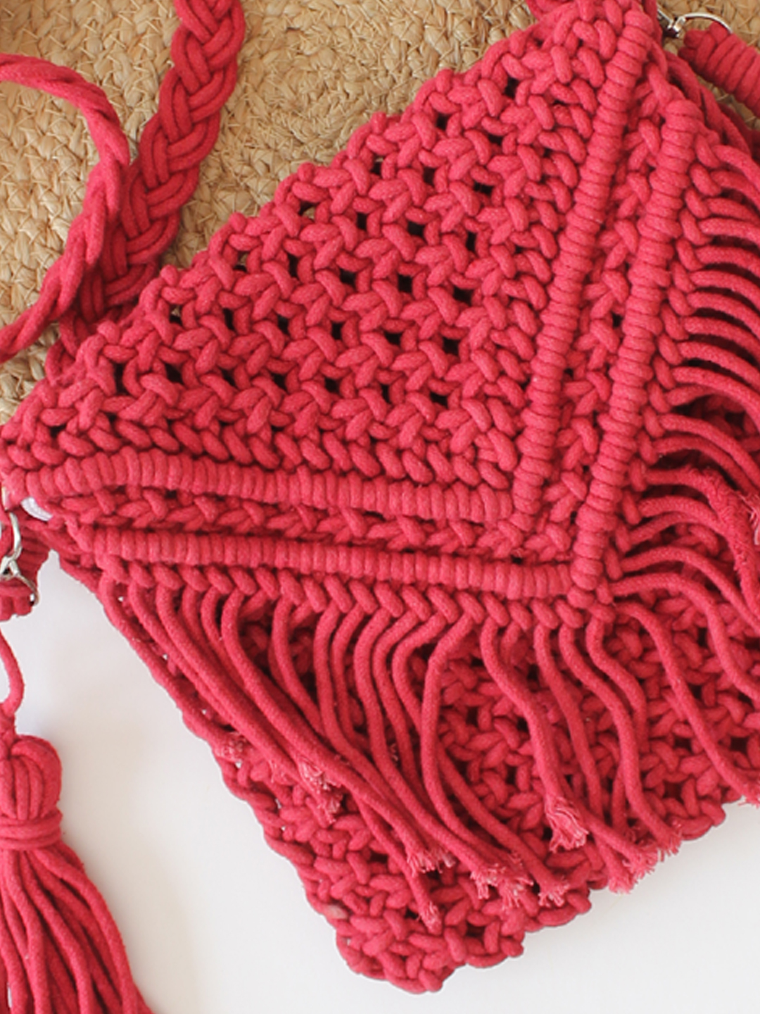 Handmade Macrame Bag With Detachable Sling Strap - Red