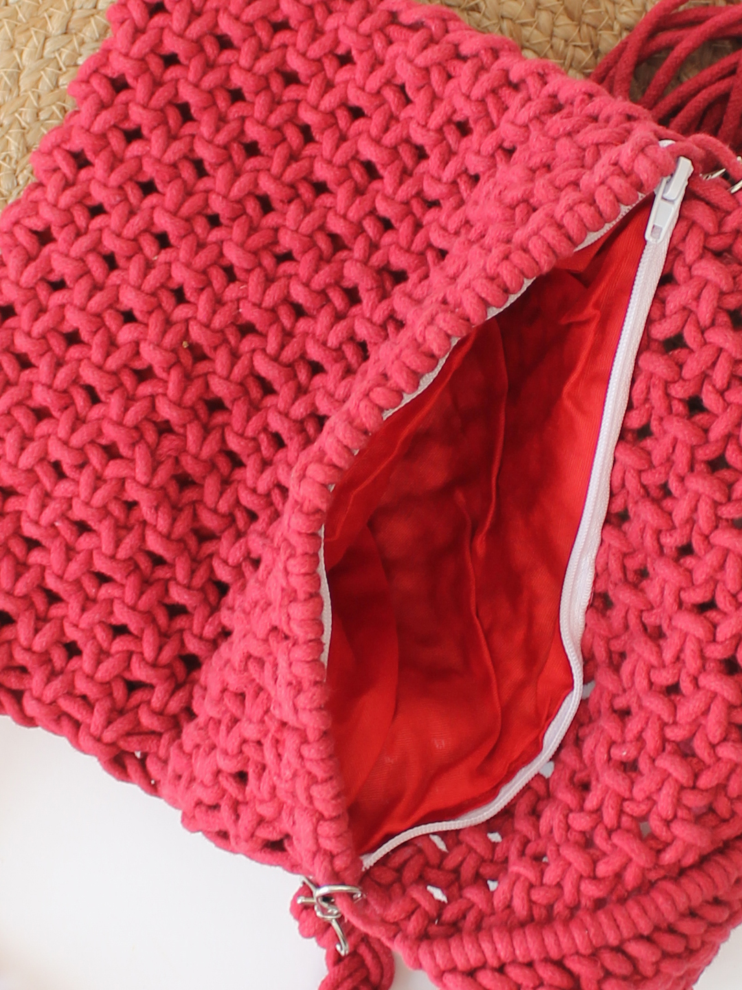 Handmade Macrame Bag With Detachable Sling Strap - Red