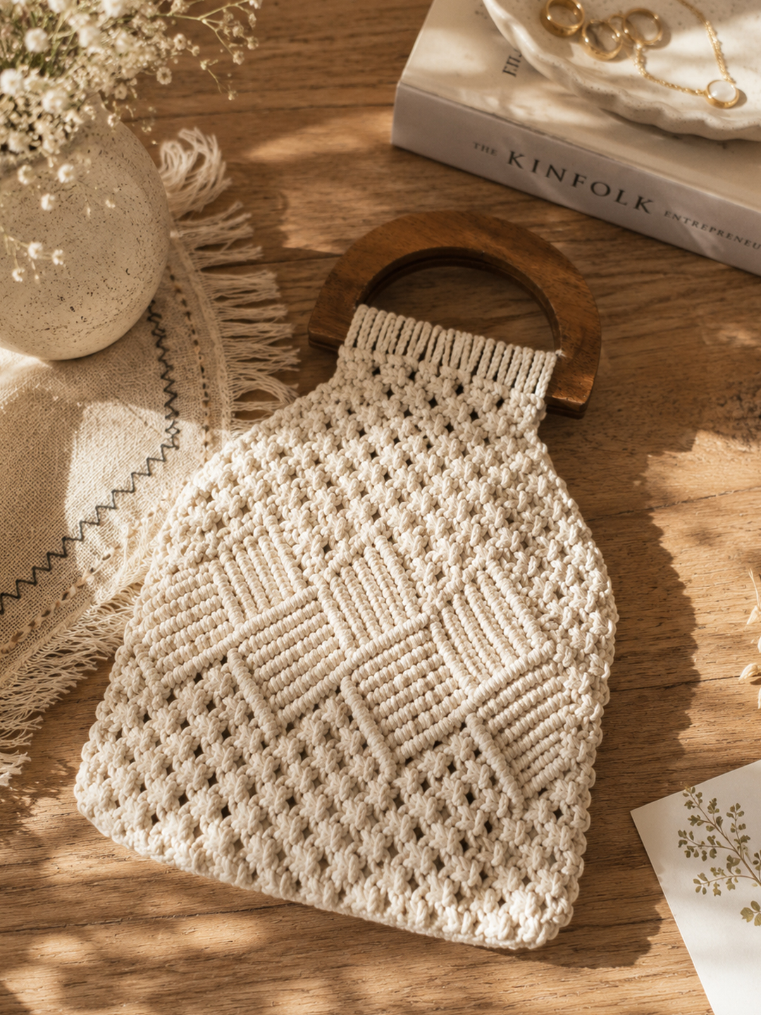 Womens Handheld Macrame Handbag with Wooden Handle - Offwhite