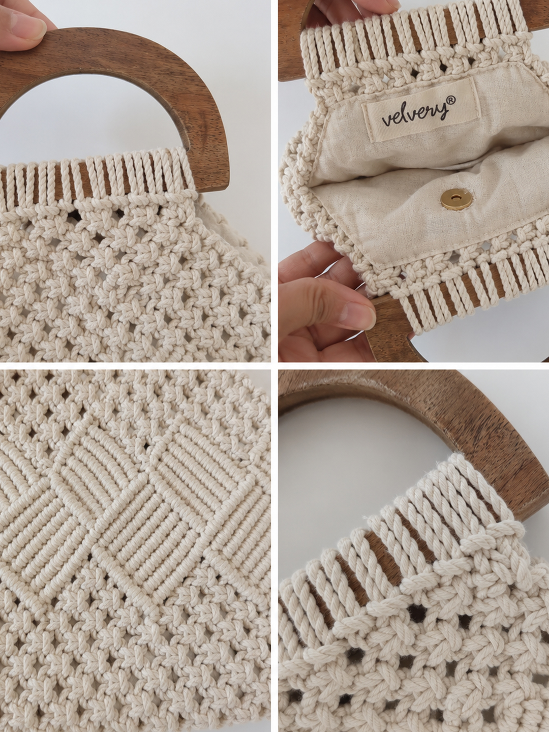 Womens Handheld Macrame Handbag with Wooden Handle - Offwhite