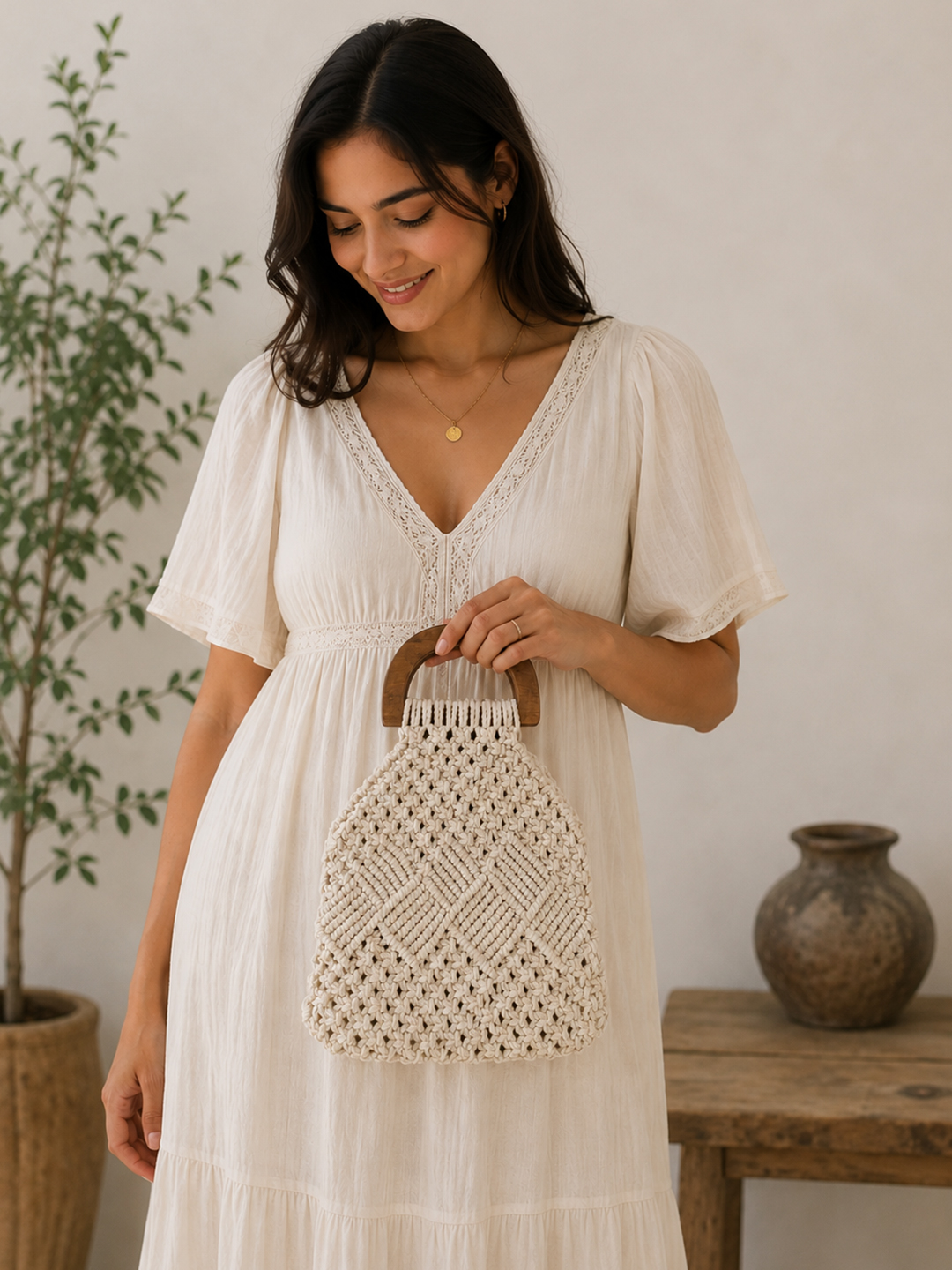 Womens Handheld Macrame Handbag with Wooden Handle - Offwhite